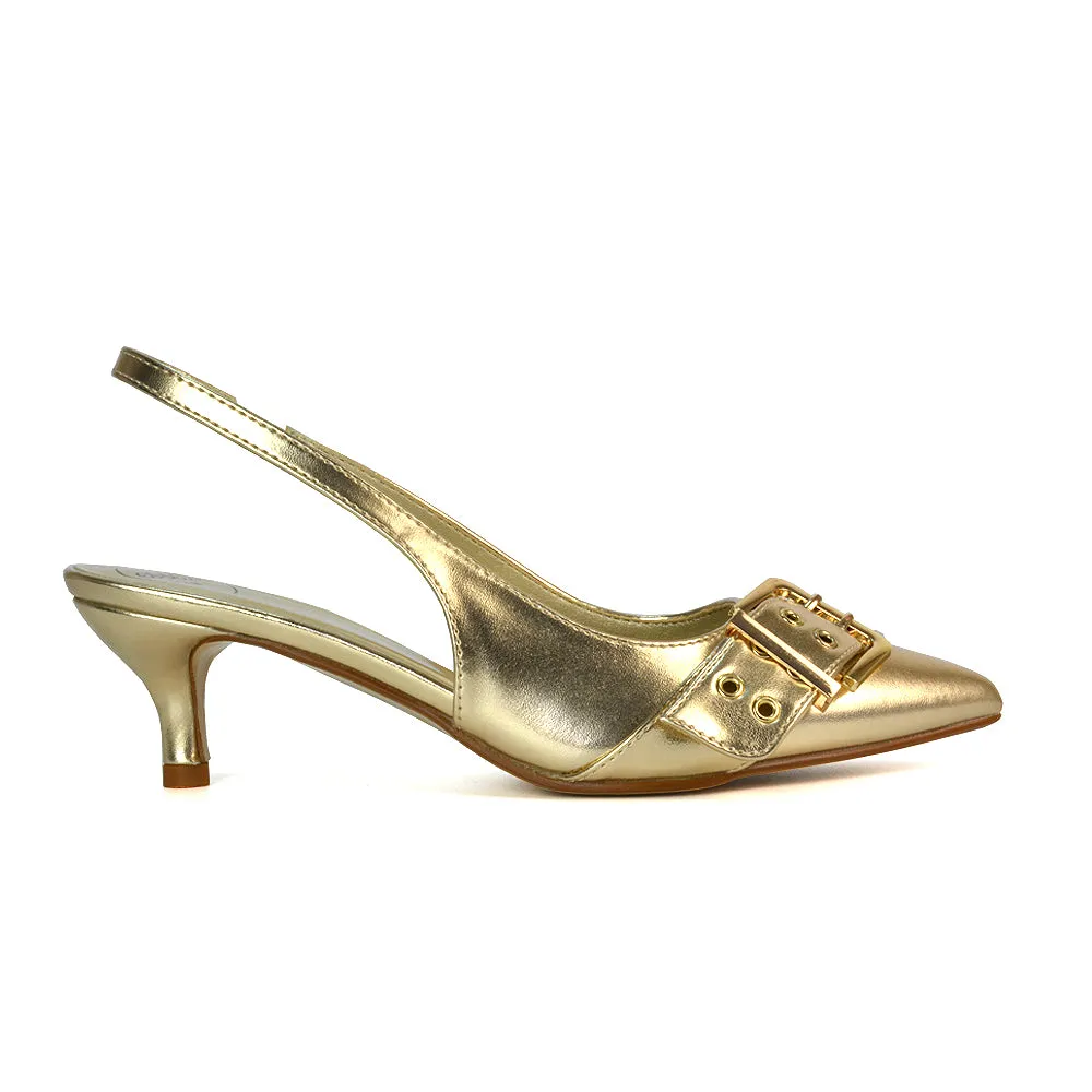 Lexi Buckle Pointed Toe Slingback Low Kitten Heels in Nude Patent
