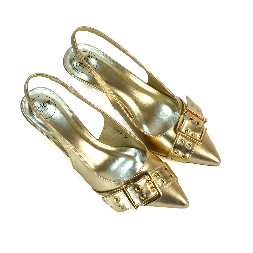 Lexi Buckle Pointed Toe Slingback Low Kitten Heels in Nude Patent