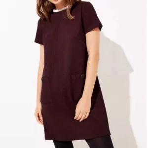 Loft maroon checkered ruffle neck dress