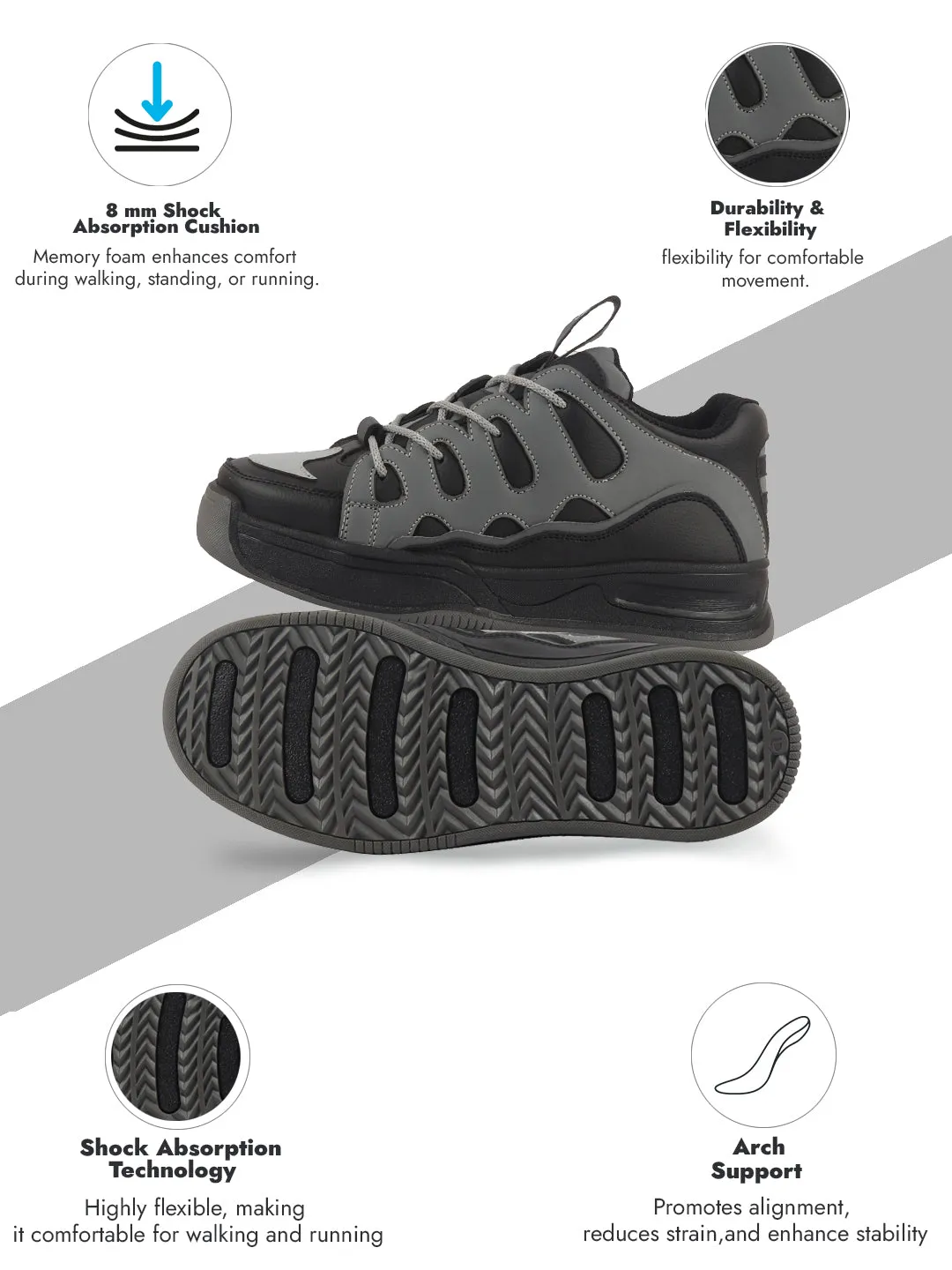 Men Black Retro Streetwear Chunky Rugged Sneakers | Heavy Duty Gen-Z Korean Casual Shoes | Memory Cushioned Insole