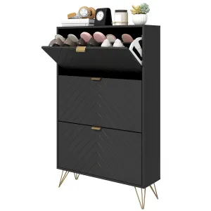 Modern Shoe Storage Cabinet with 3 Flip Drawers for 18 Pairs, Narrow Shoe Organizer for Entryway, Hallway, Black