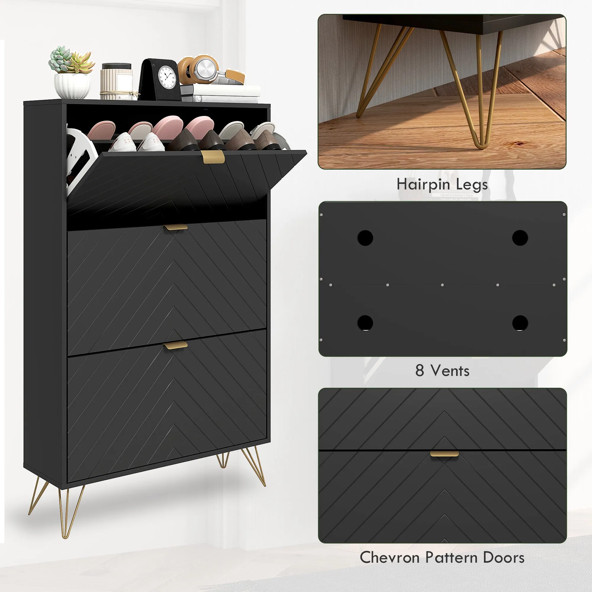 Modern Shoe Storage Cabinet with 3 Flip Drawers for 18 Pairs, Narrow Shoe Organizer for Entryway, Hallway, Black