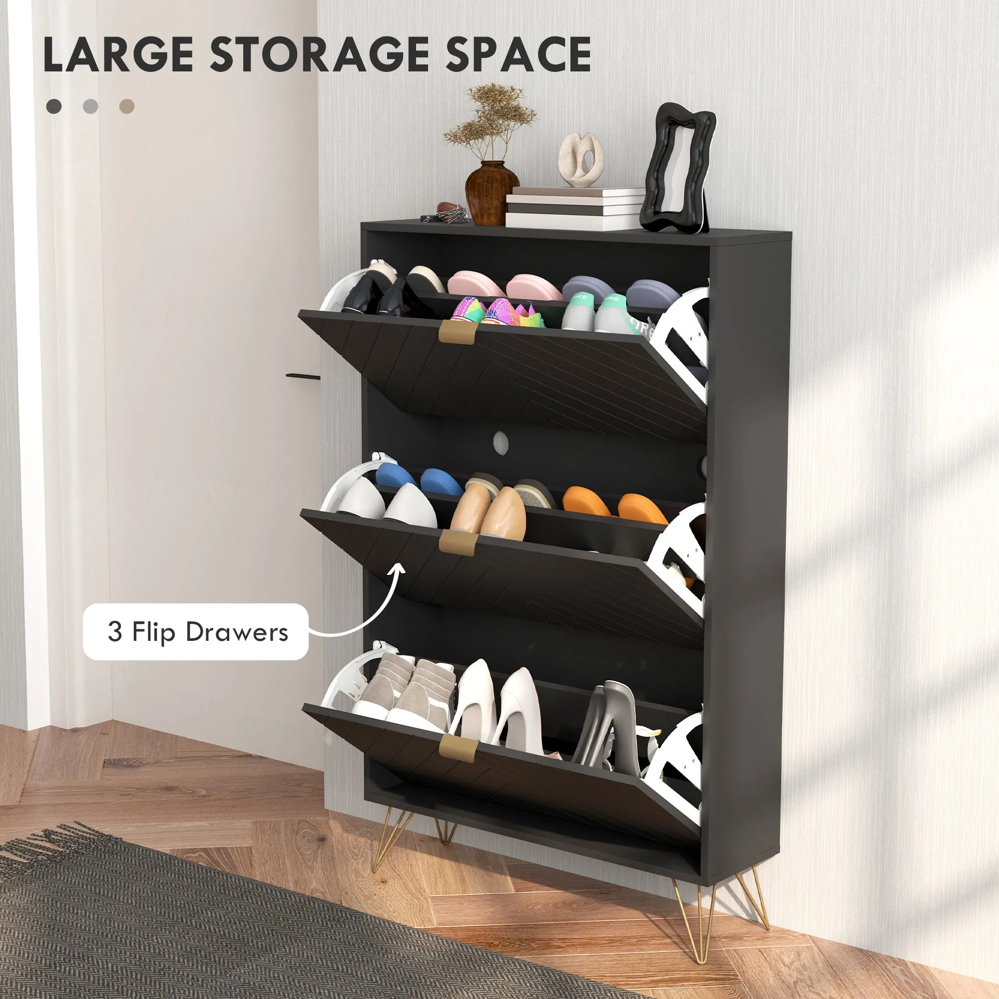 Modern Shoe Storage Cabinet with 3 Flip Drawers for 18 Pairs, Narrow Shoe Organizer for Entryway, Hallway, Black