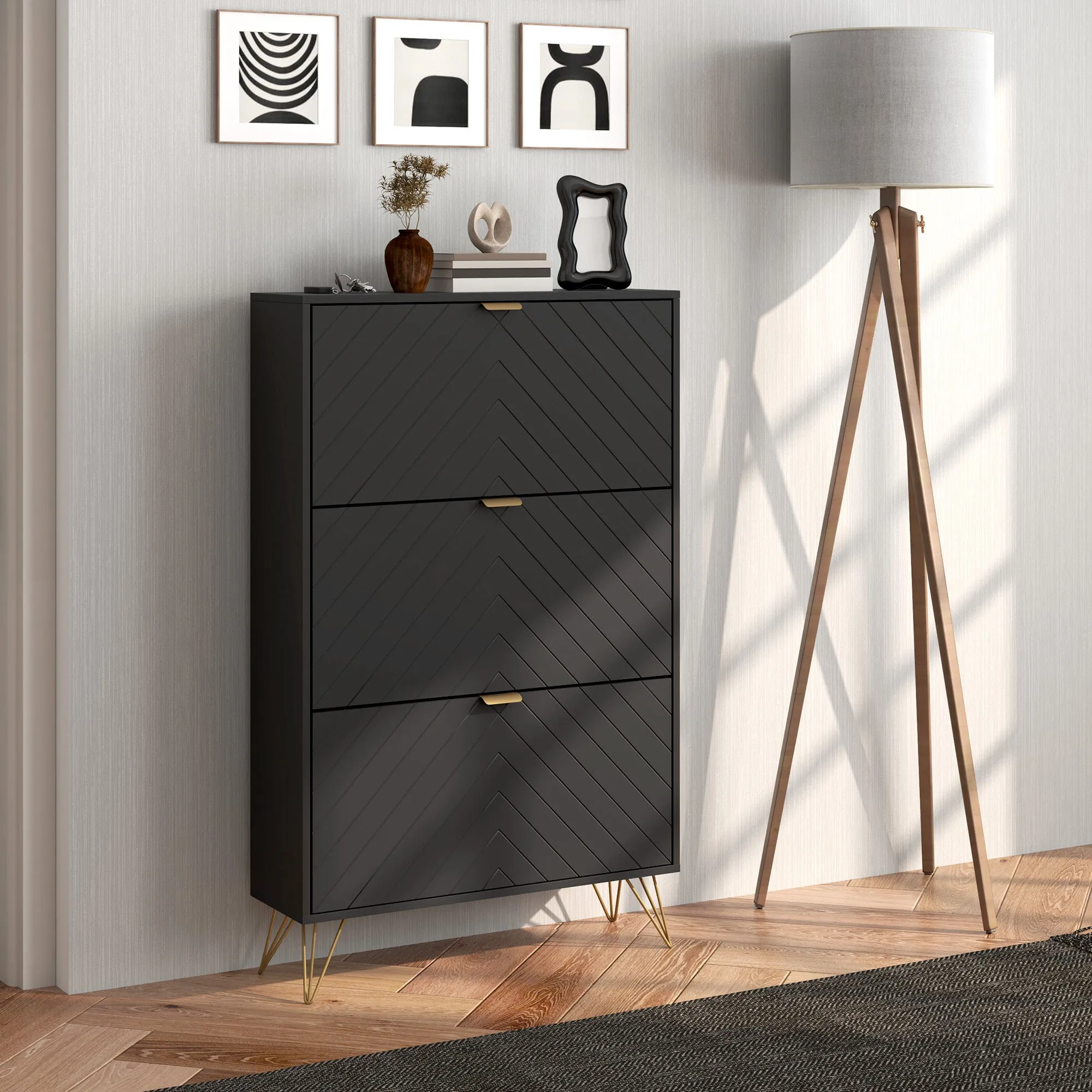 Modern Shoe Storage Cabinet with 3 Flip Drawers for 18 Pairs, Narrow Shoe Organizer for Entryway, Hallway, Black