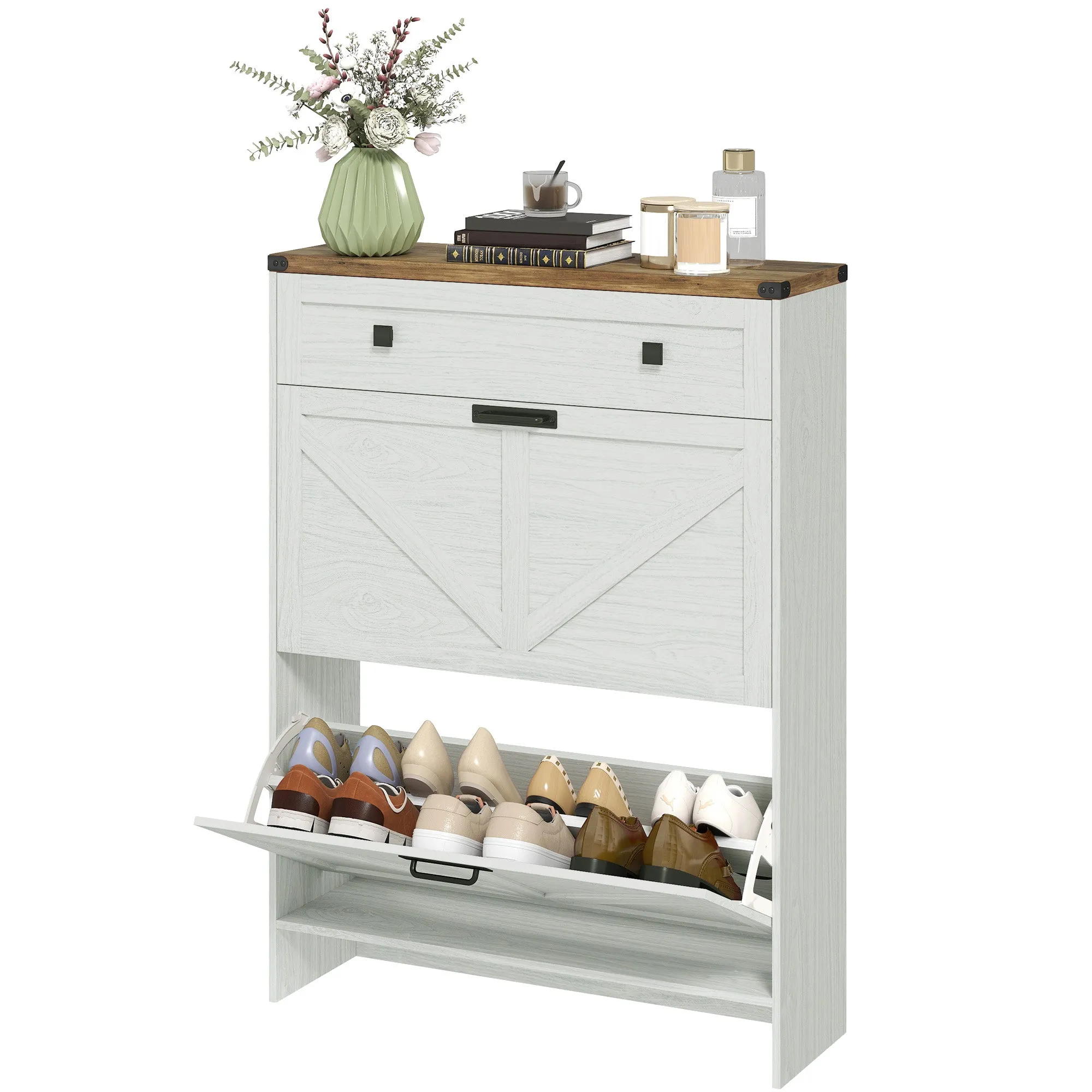 Narrow Shoe Storage Cabinet, Farmhouse Shoe Cabinet with 2 Flip Drawers, 1 Drawer, 12 Pairs for Entryway, White