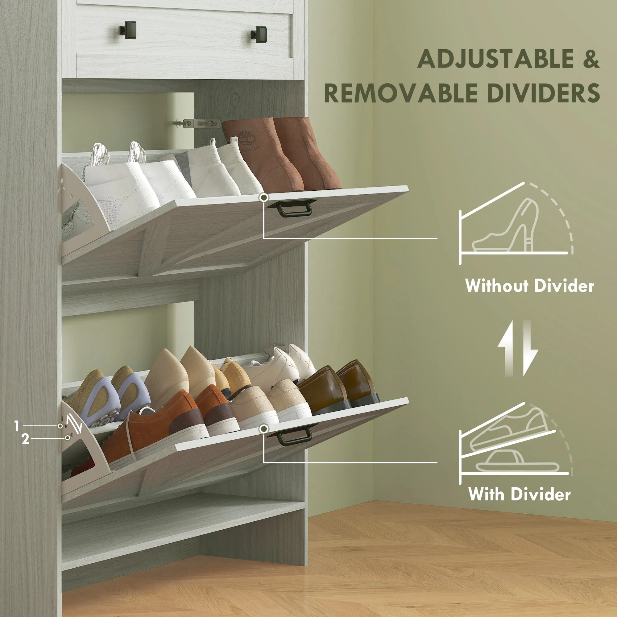Narrow Shoe Storage Cabinet, Farmhouse Shoe Cabinet with 2 Flip Drawers, 1 Drawer, 12 Pairs for Entryway, White