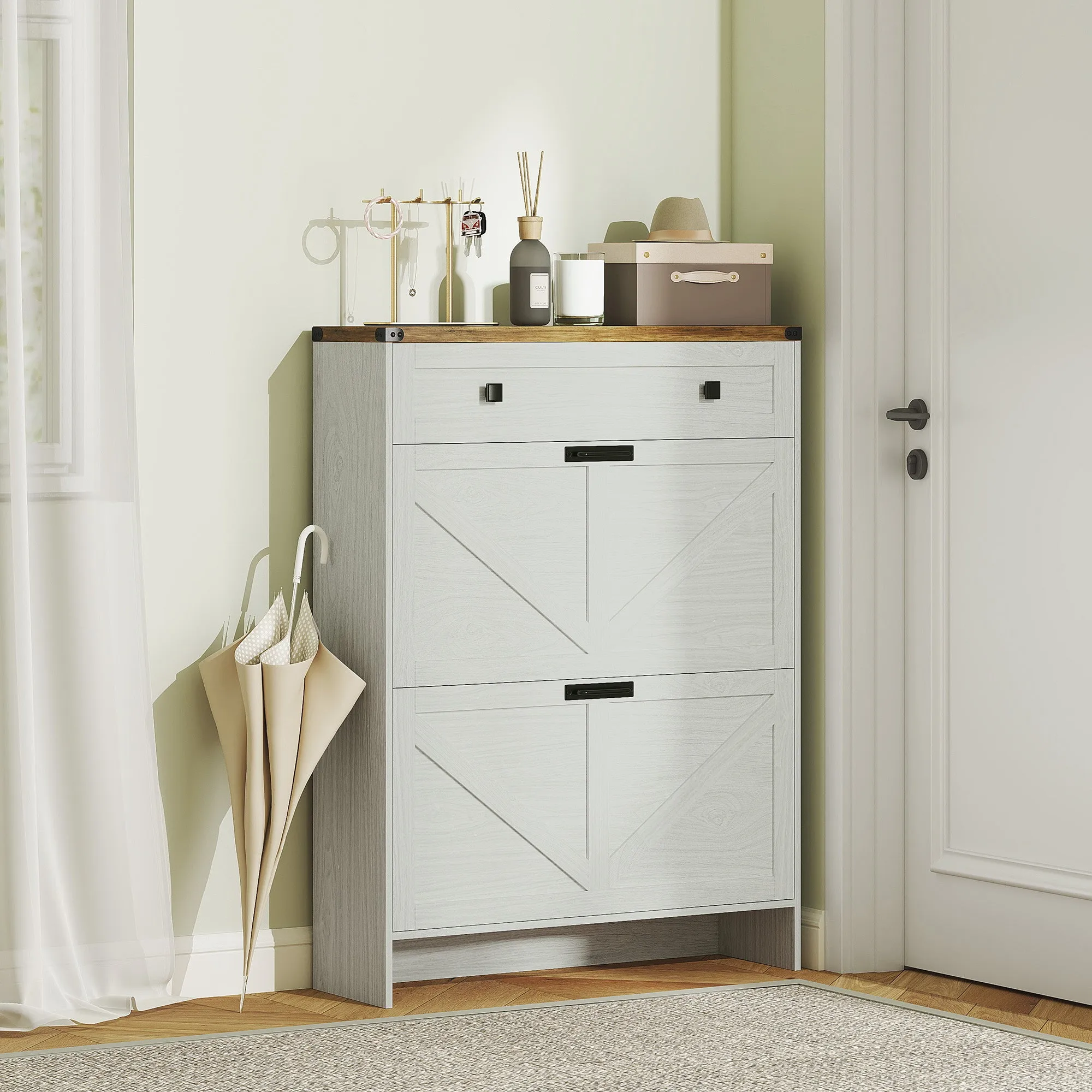Narrow Shoe Storage Cabinet, Farmhouse Shoe Cabinet with 2 Flip Drawers, 1 Drawer, 12 Pairs for Entryway, White
