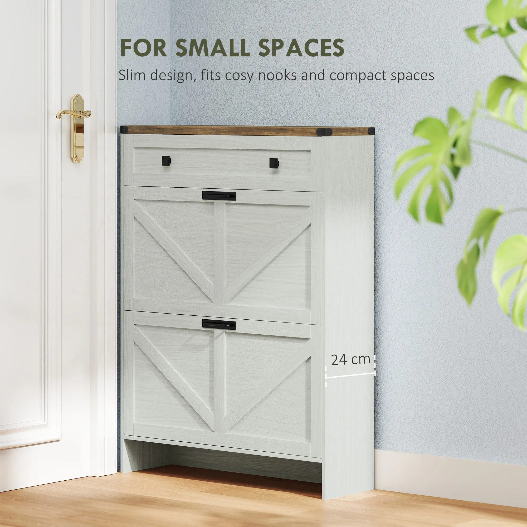 Narrow Shoe Storage Cabinet, Farmhouse Shoe Cabinet with 2 Flip Drawers, 1 Drawer, 12 Pairs for Entryway, White