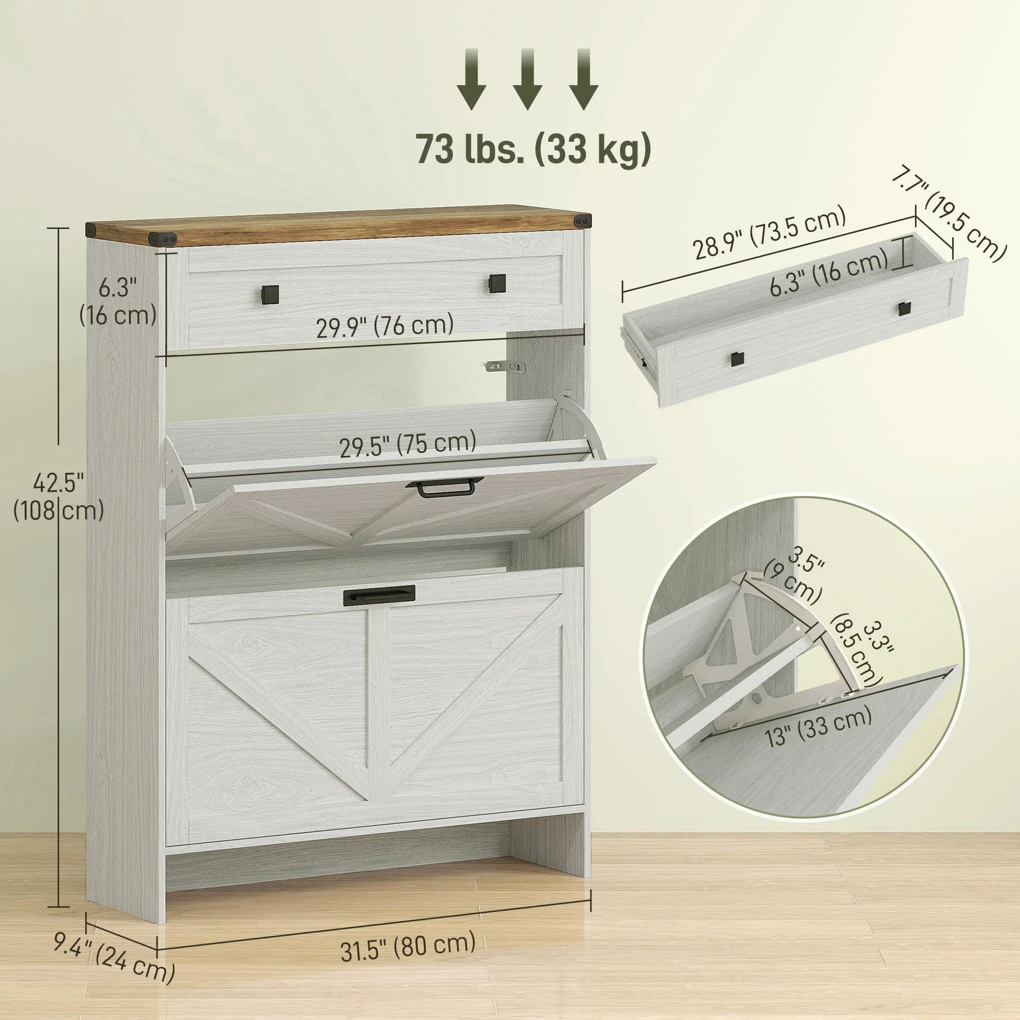 Narrow Shoe Storage Cabinet, Farmhouse Shoe Cabinet with 2 Flip Drawers, 1 Drawer, 12 Pairs for Entryway, White