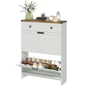 Narrow Shoe Storage Cabinet, Farmhouse Shoe Cabinet with 2 Flip Drawers, 1 Drawer, 12 Pairs for Entryway, White