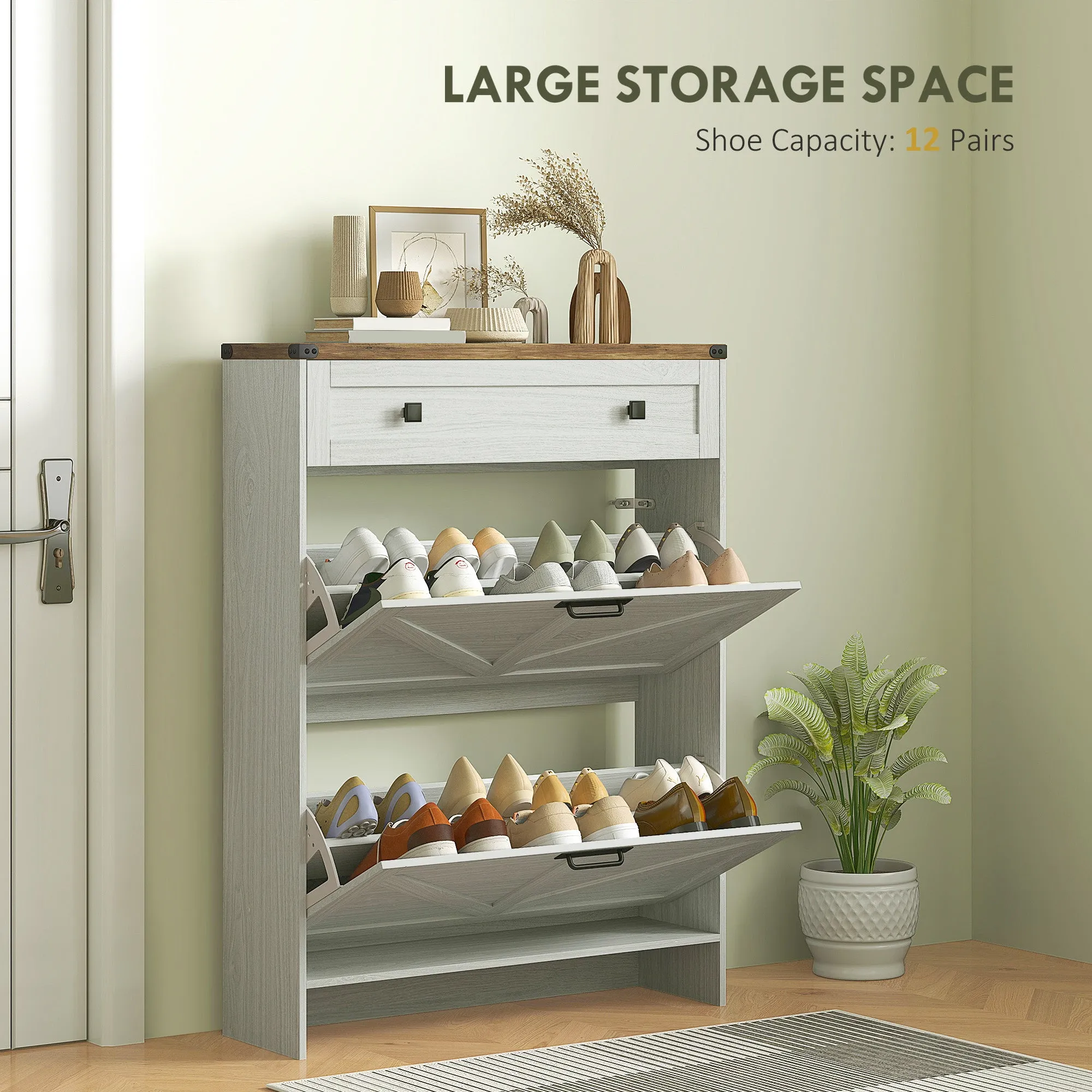 Narrow Shoe Storage Cabinet, Farmhouse Shoe Cabinet with 2 Flip Drawers, 1 Drawer, 12 Pairs for Entryway, White