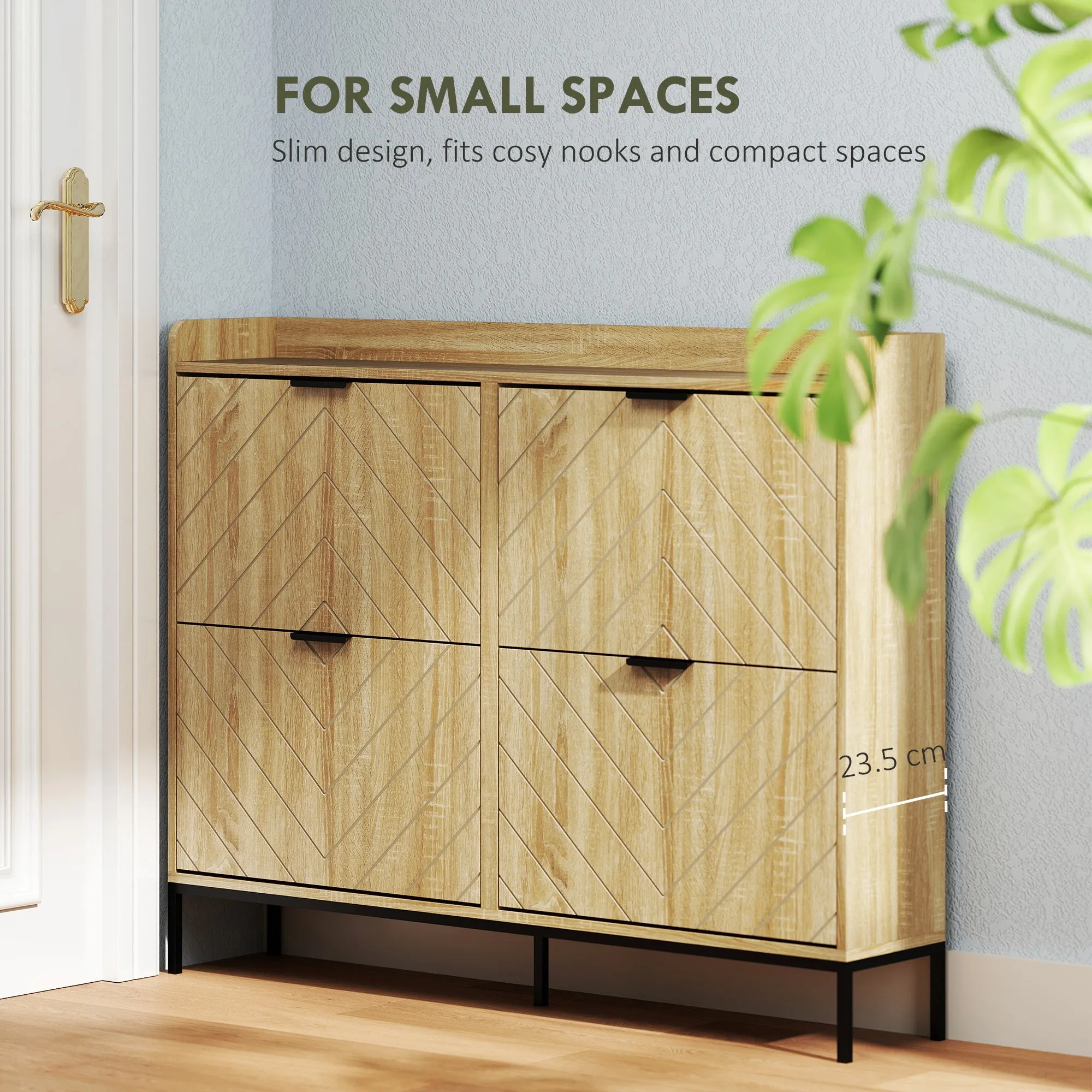Narrow Shoe Storage Cabinet, Modern Slim Shoe Cabinet with 4 Flip Drawers, 16 Pairs of Shoes for Hallway, Entryway, Oak