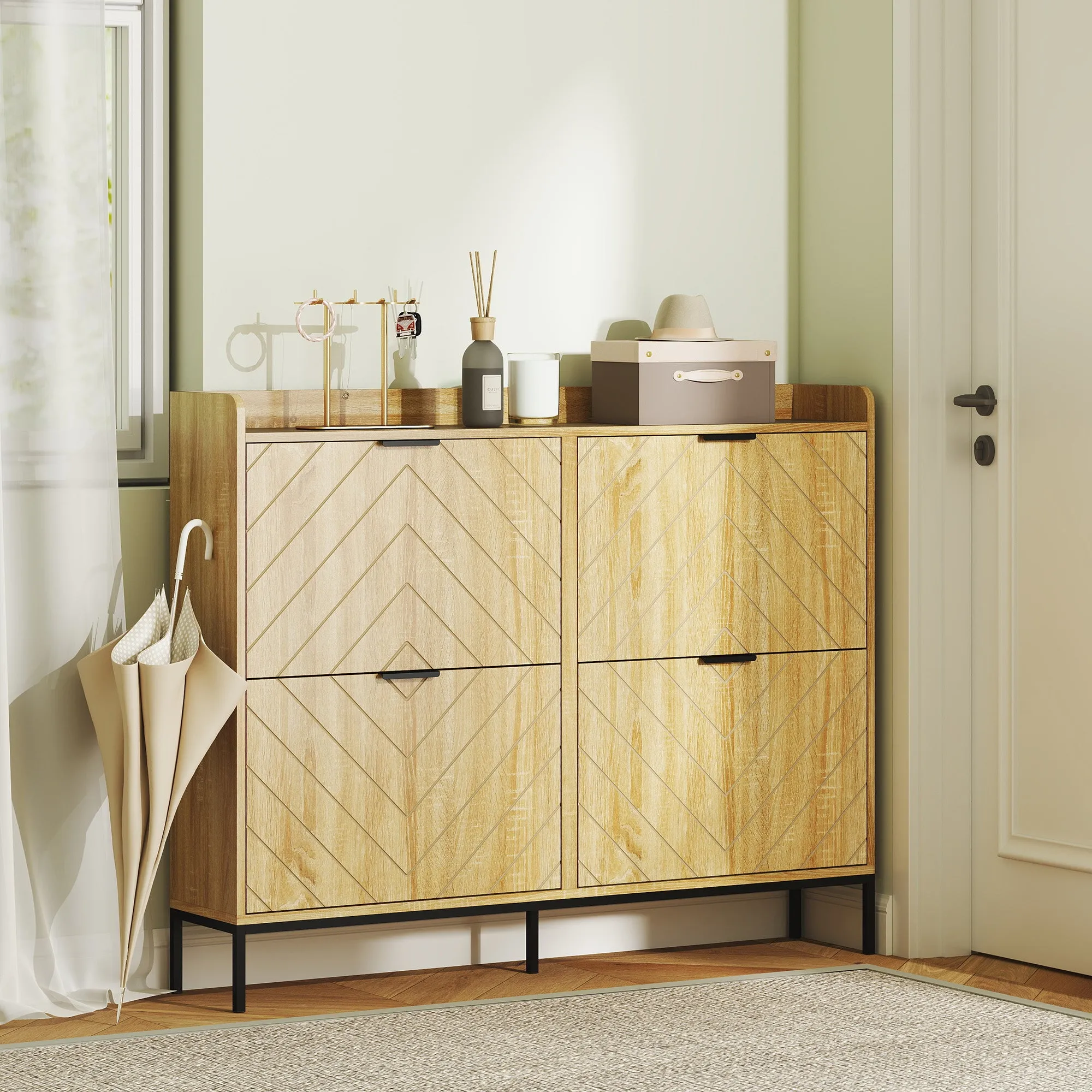 Narrow Shoe Storage Cabinet, Modern Slim Shoe Cabinet with 4 Flip Drawers, 16 Pairs of Shoes for Hallway, Entryway, Oak
