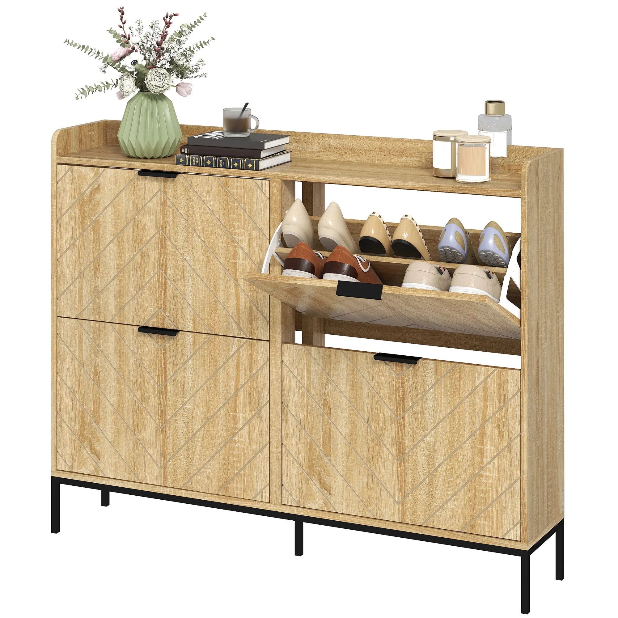 Narrow Shoe Storage Cabinet, Modern Slim Shoe Cabinet with 4 Flip Drawers, 16 Pairs of Shoes for Hallway, Entryway, Oak
