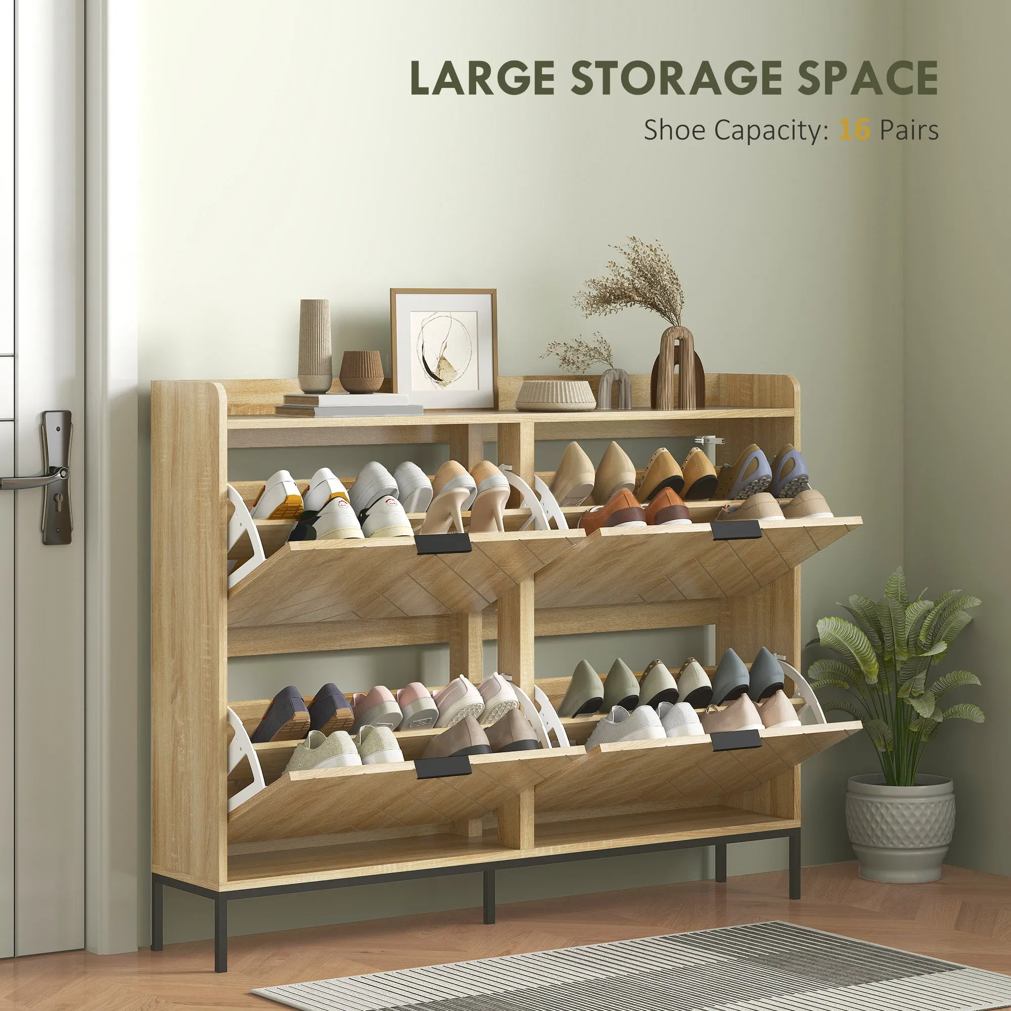 Narrow Shoe Storage Cabinet, Modern Slim Shoe Cabinet with 4 Flip Drawers, 16 Pairs of Shoes for Hallway, Entryway, Oak