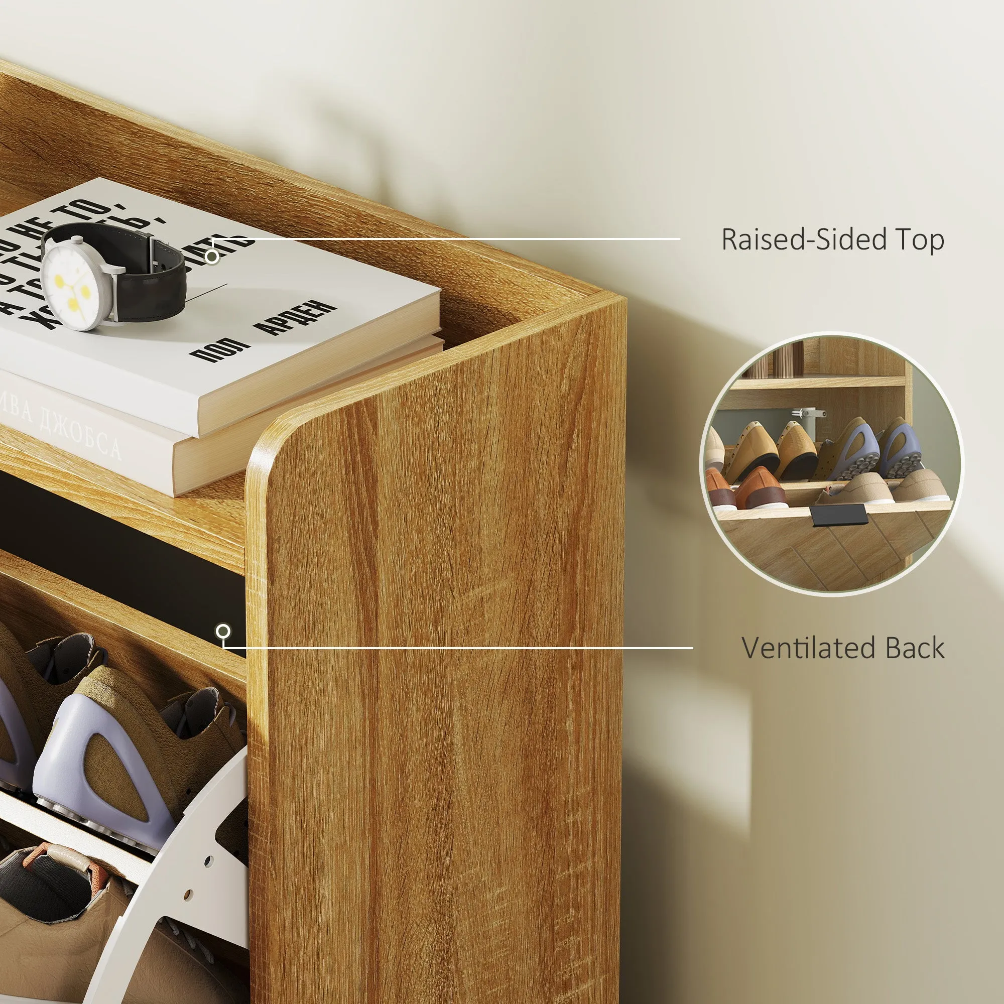Narrow Shoe Storage Cabinet, Modern Slim Shoe Cabinet with 4 Flip Drawers, 16 Pairs of Shoes for Hallway, Entryway, Oak