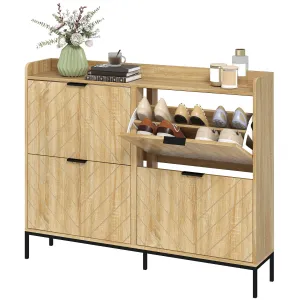 Narrow Shoe Storage Cabinet, Modern Slim Shoe Cabinet with 4 Flip Drawers, 16 Pairs of Shoes for Hallway, Entryway, Oak