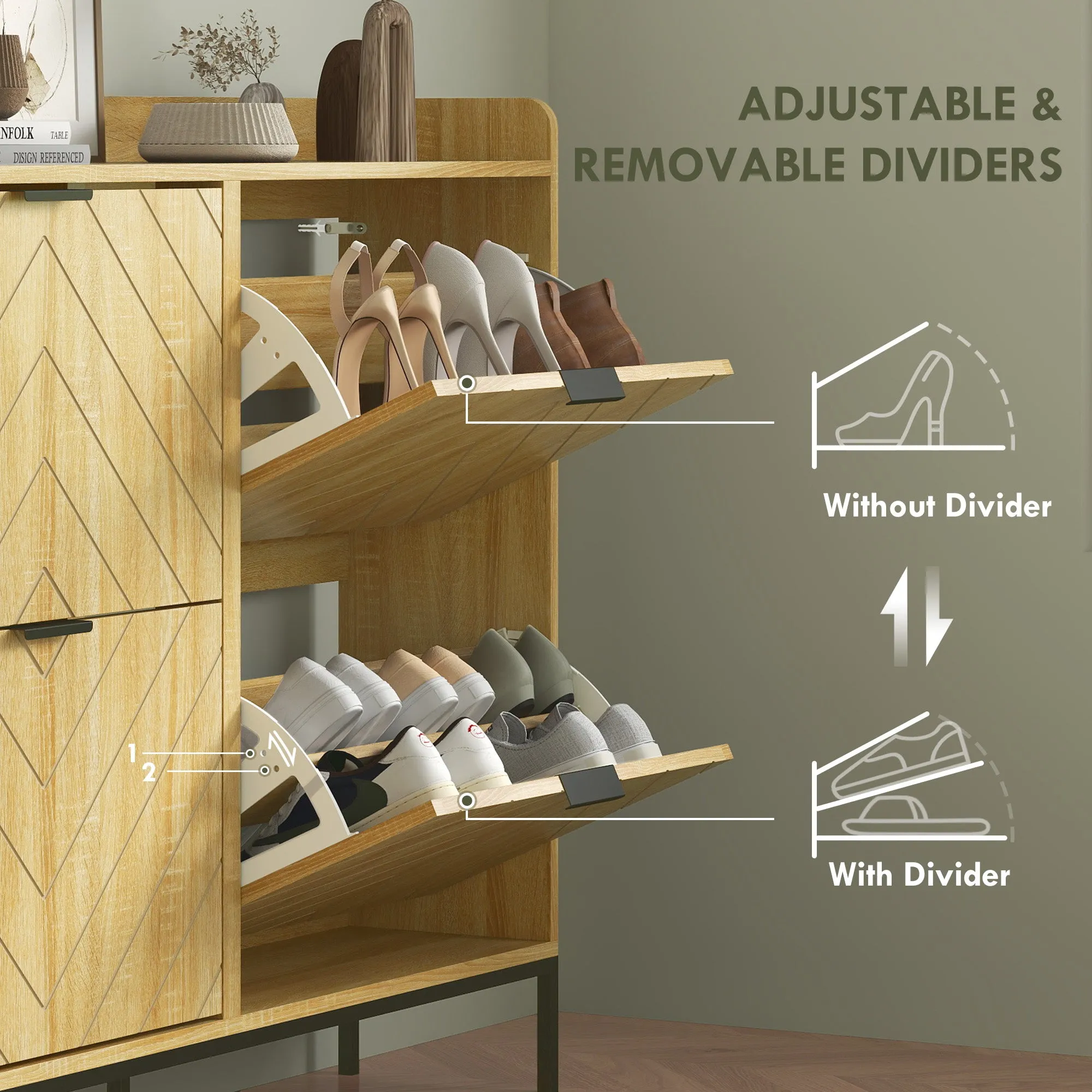 Narrow Shoe Storage Cabinet, Modern Slim Shoe Cabinet with 4 Flip Drawers, 16 Pairs of Shoes for Hallway, Entryway, Oak
