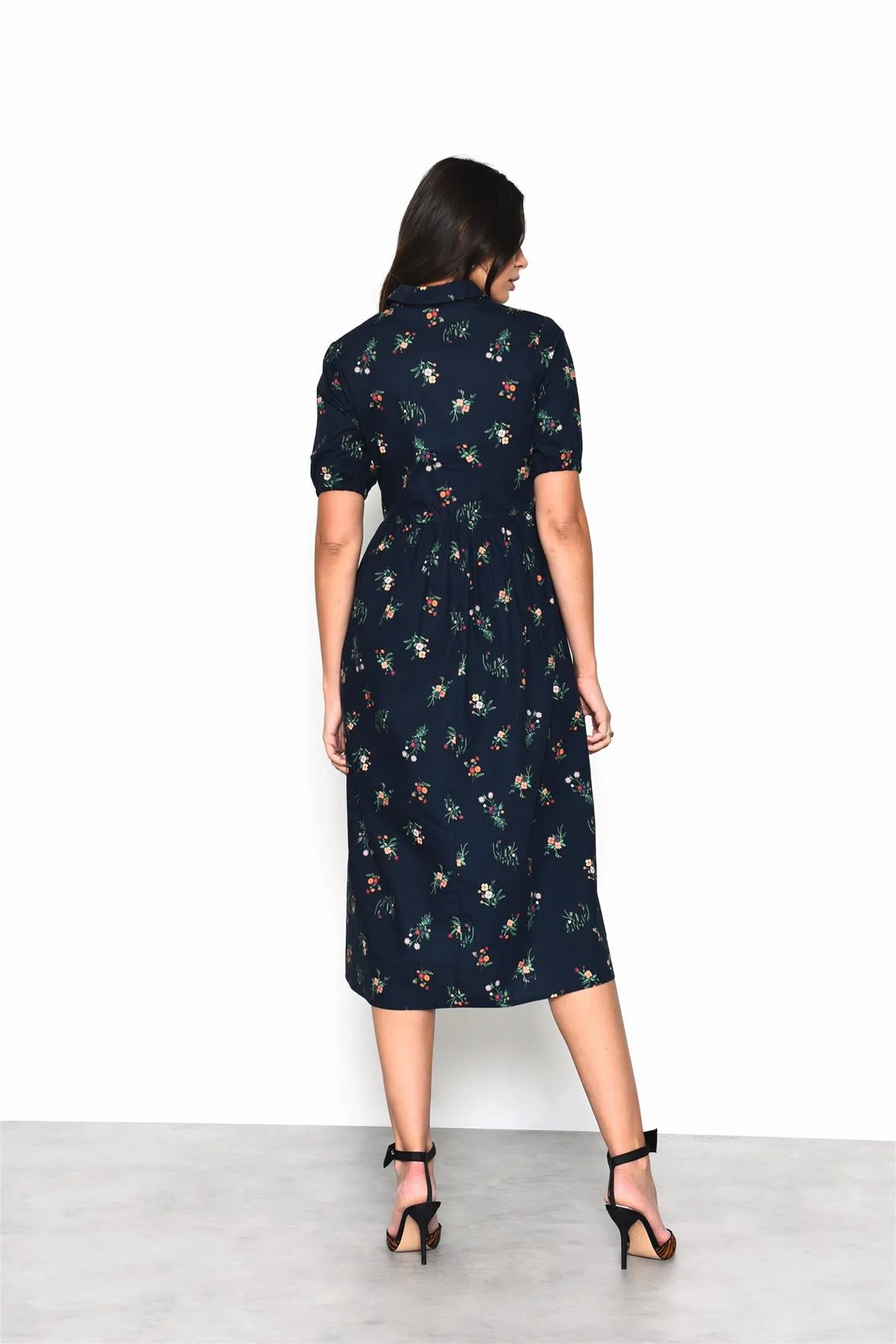 Navy Cottage-Floral  V-Neck Midi-Dress