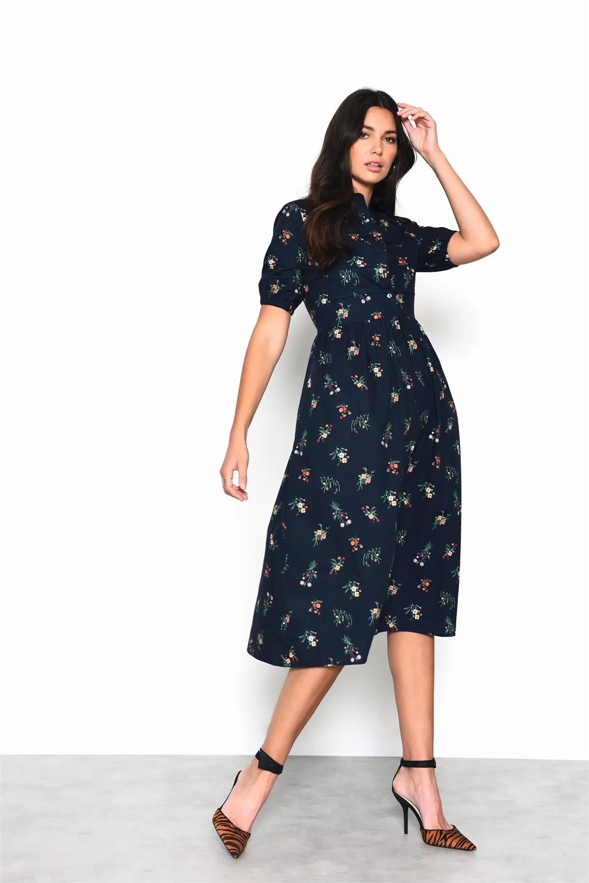 Navy Cottage-Floral  V-Neck Midi-Dress