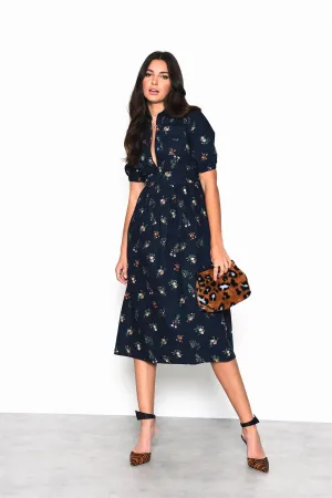 Navy Cottage-Floral  V-Neck Midi-Dress