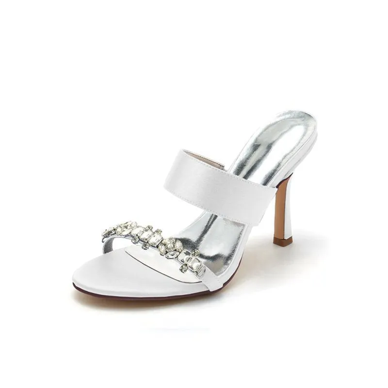 Open Toe Satin Strap Slip On High Heels With Rhinestone