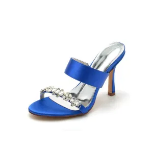 Open Toe Satin Strap Slip On High Heels With Rhinestone