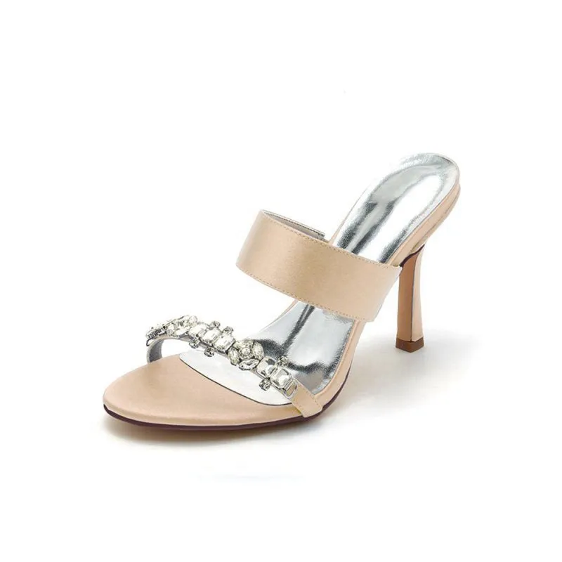 Open Toe Satin Strap Slip On High Heels With Rhinestone