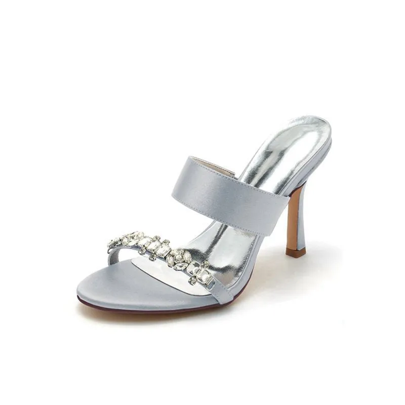 Open Toe Satin Strap Slip On High Heels With Rhinestone