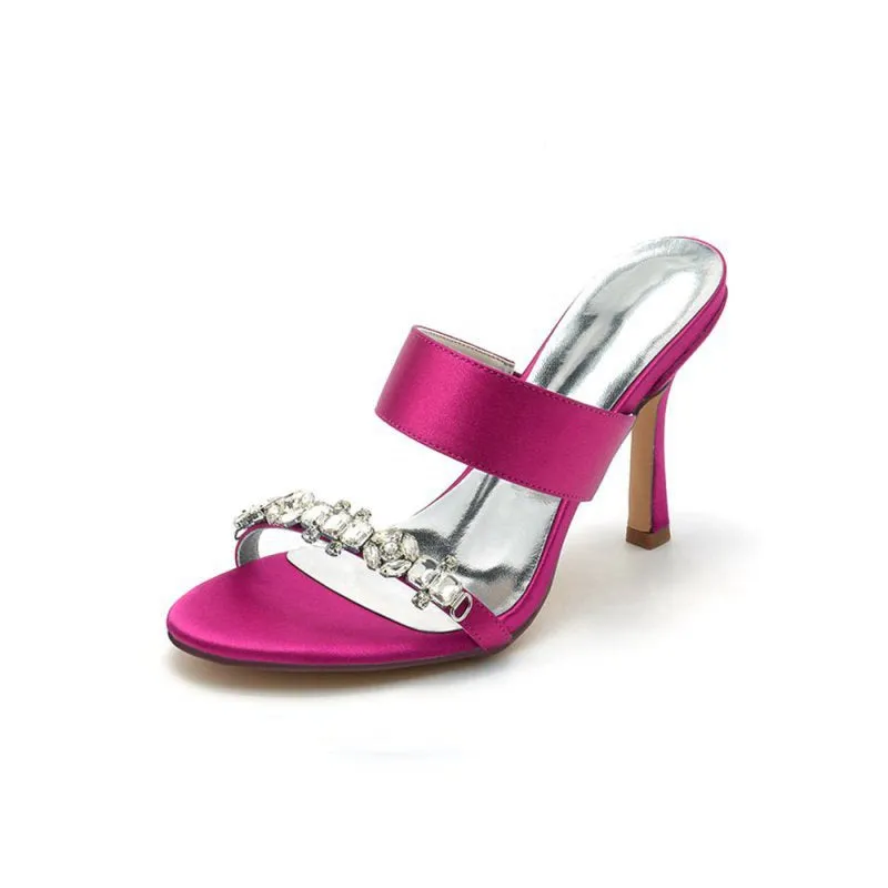 Open Toe Satin Strap Slip On High Heels With Rhinestone