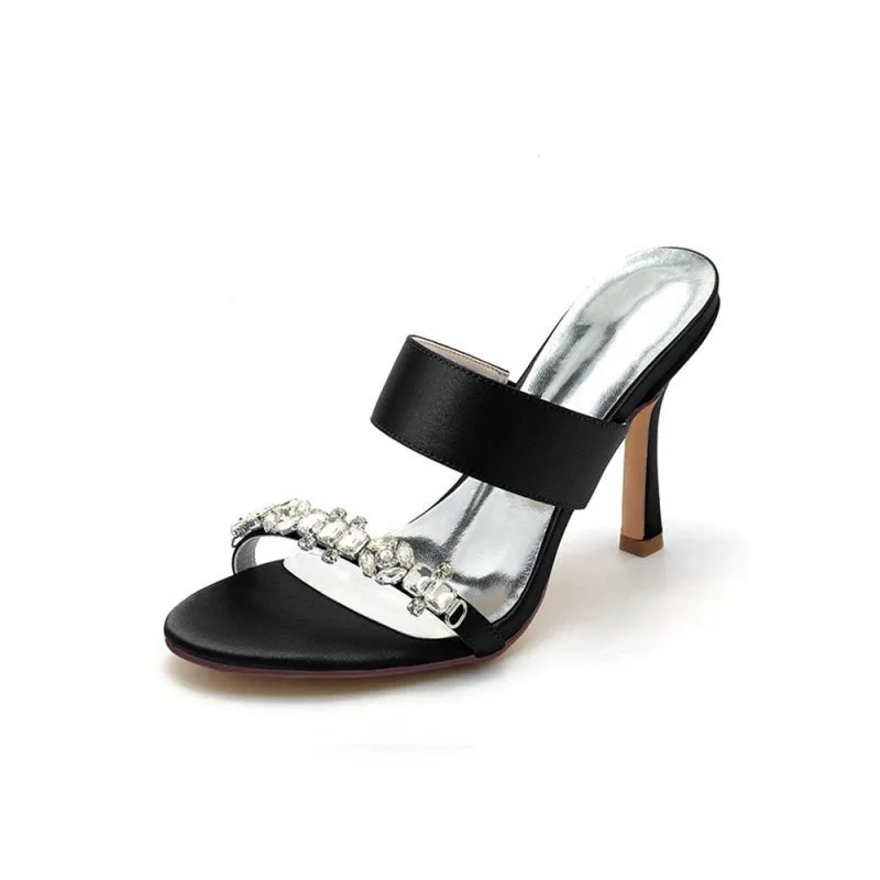 Open Toe Satin Strap Slip On High Heels With Rhinestone