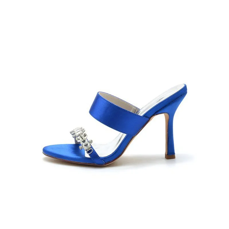 Open Toe Satin Strap Slip On High Heels With Rhinestone