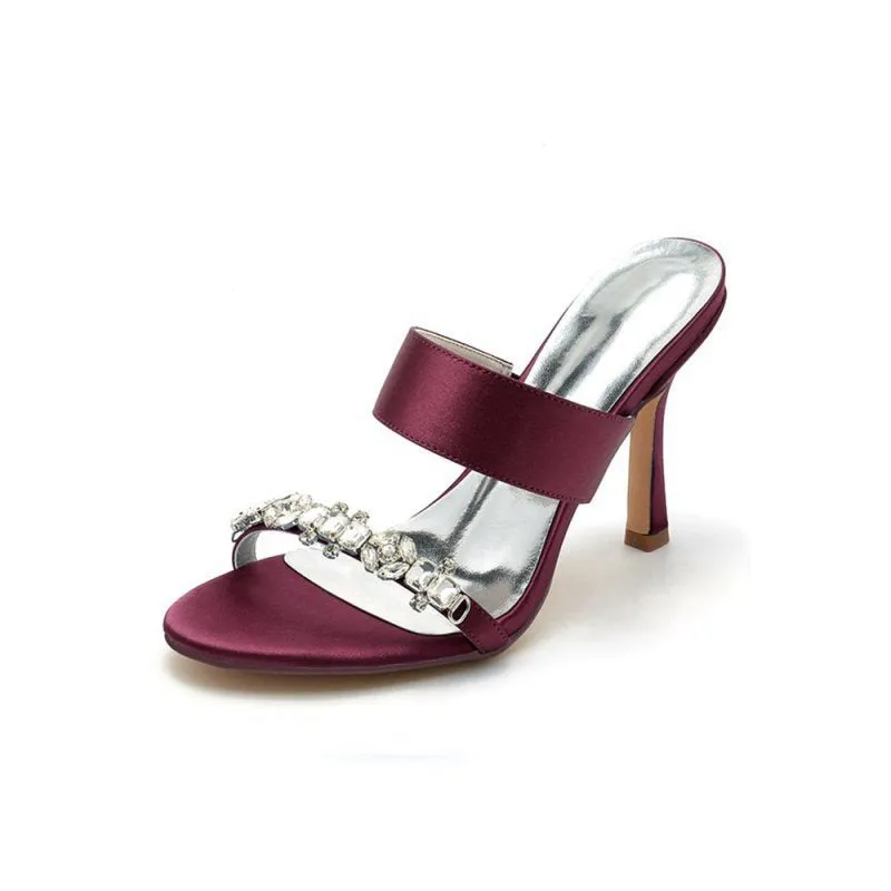 Open Toe Satin Strap Slip On High Heels With Rhinestone