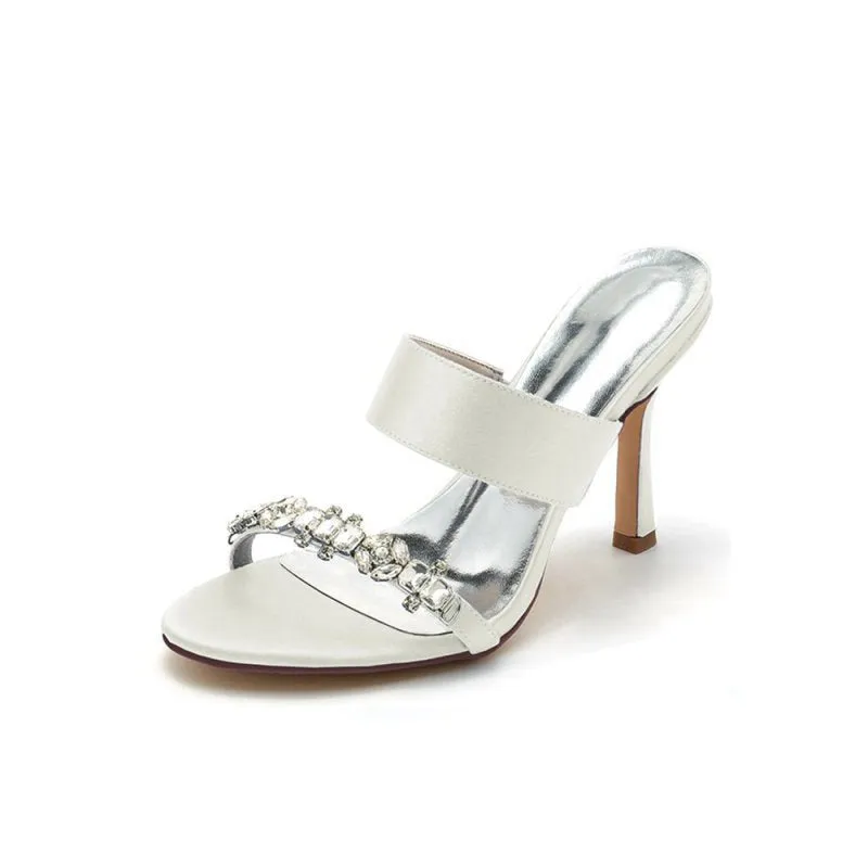 Open Toe Satin Strap Slip On High Heels With Rhinestone