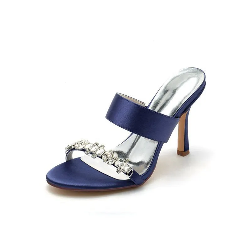 Open Toe Satin Strap Slip On High Heels With Rhinestone