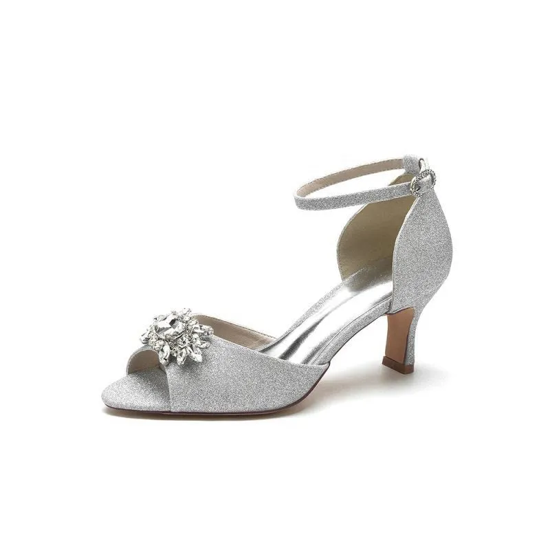 Peep Toe Glitter Strap Buckle Stiletto Heels With Rhinestone