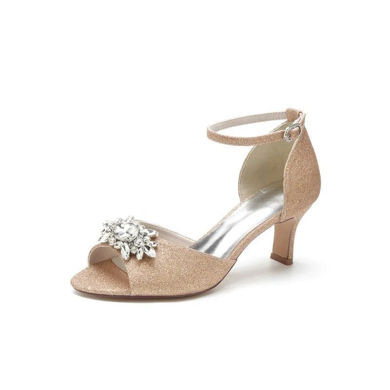 Peep Toe Glitter Strap Buckle Stiletto Heels With Rhinestone