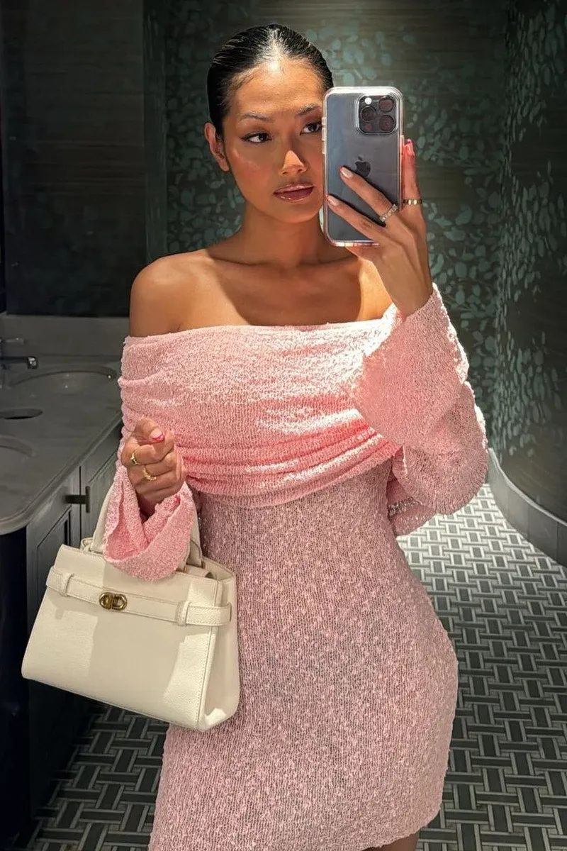 Pink Sheer Off-Shoulder Knit Dress | Flirty Mesh Vibes | Beach-to-Bar Babe