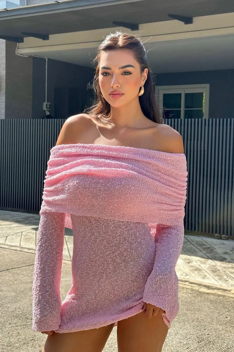 Pink Sheer Off-Shoulder Knit Dress | Flirty Mesh Vibes | Beach-to-Bar Babe