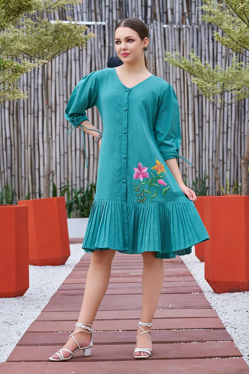 Plus Size Jade Green Cotton Hand Painted V-Neck Dress-CL-SW-3044
