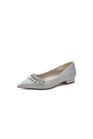 Pointed Toe Glitter Low Heels With Rhinestone