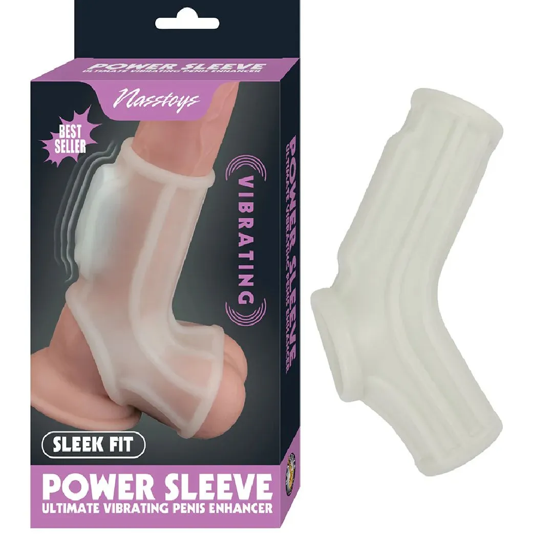 Power Sleeve Sleek Fit Vibrating Penis Enhancer with Ball Strap - White