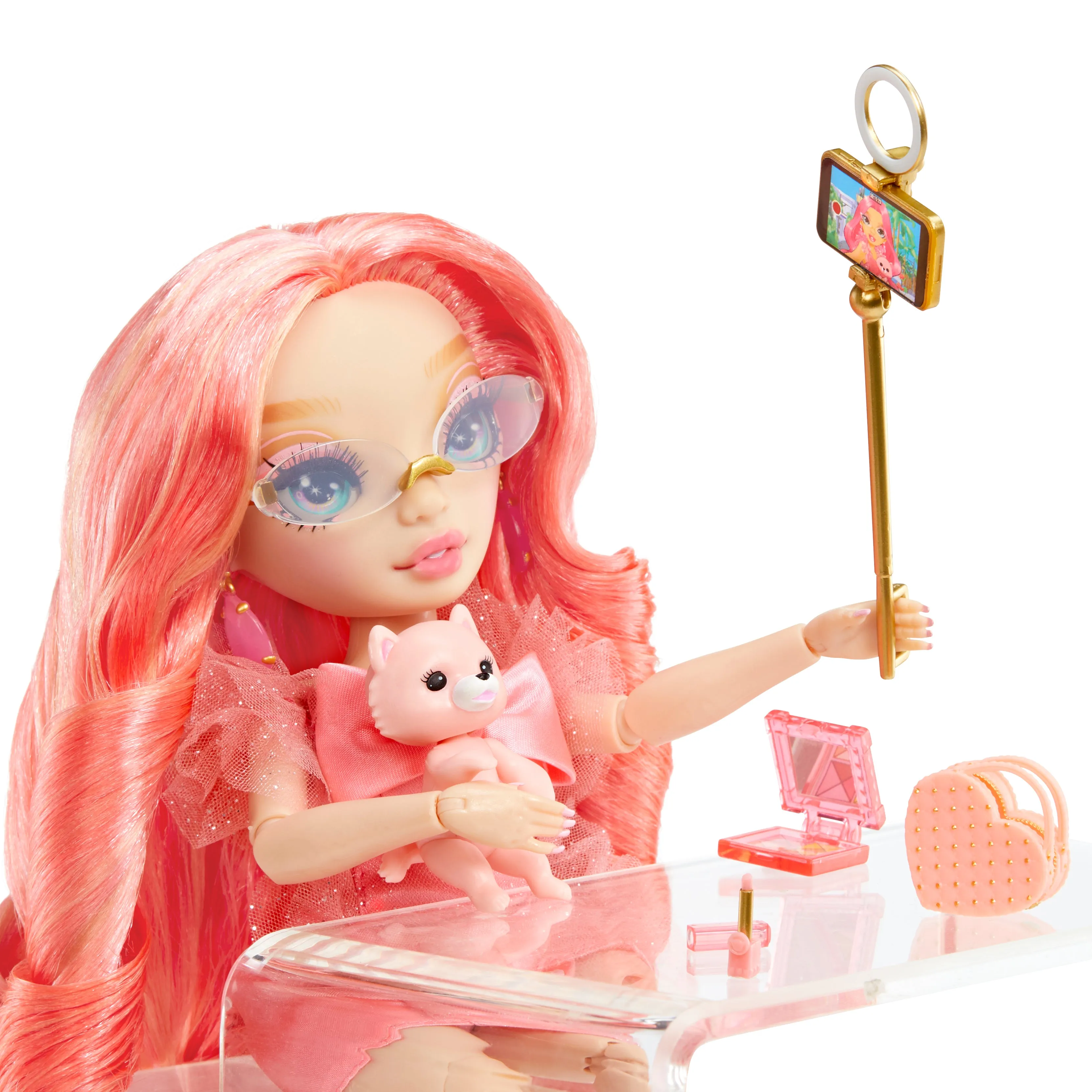 Rainbow High Pinkly Pink Fashion Doll with Outfit, Glasses & 10  Play Accessories. Kids Gift 4-12