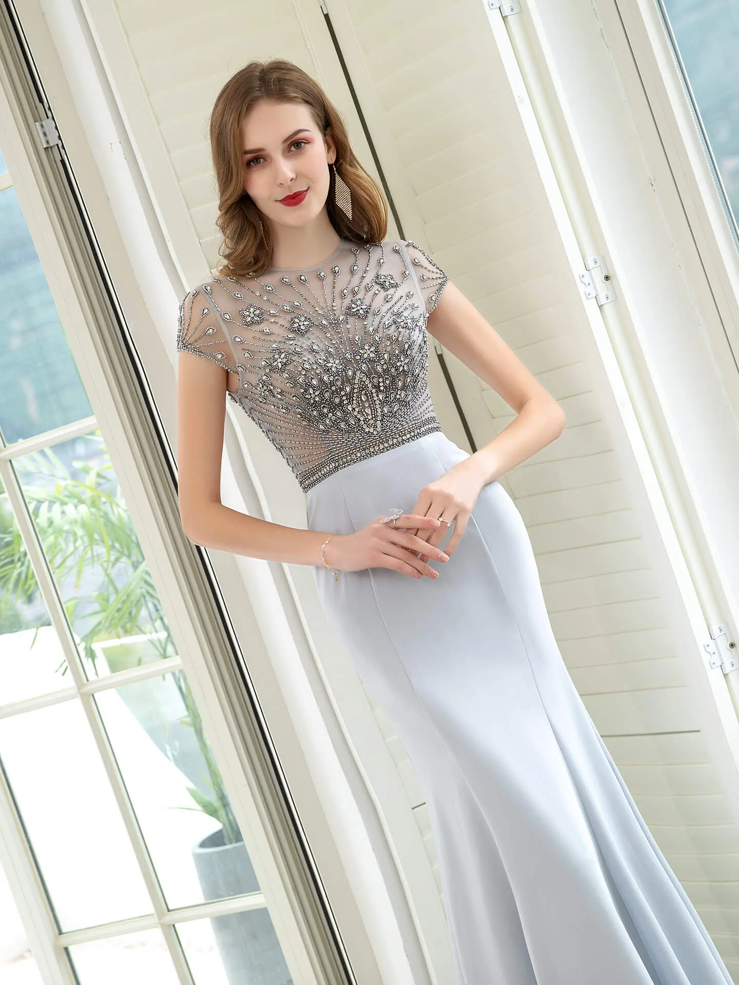 Roycebridal Mermaid / Trumpet Max Chiffon Luxurious Sexy Formal Evening Dresses Cap Sleeves Floor Length