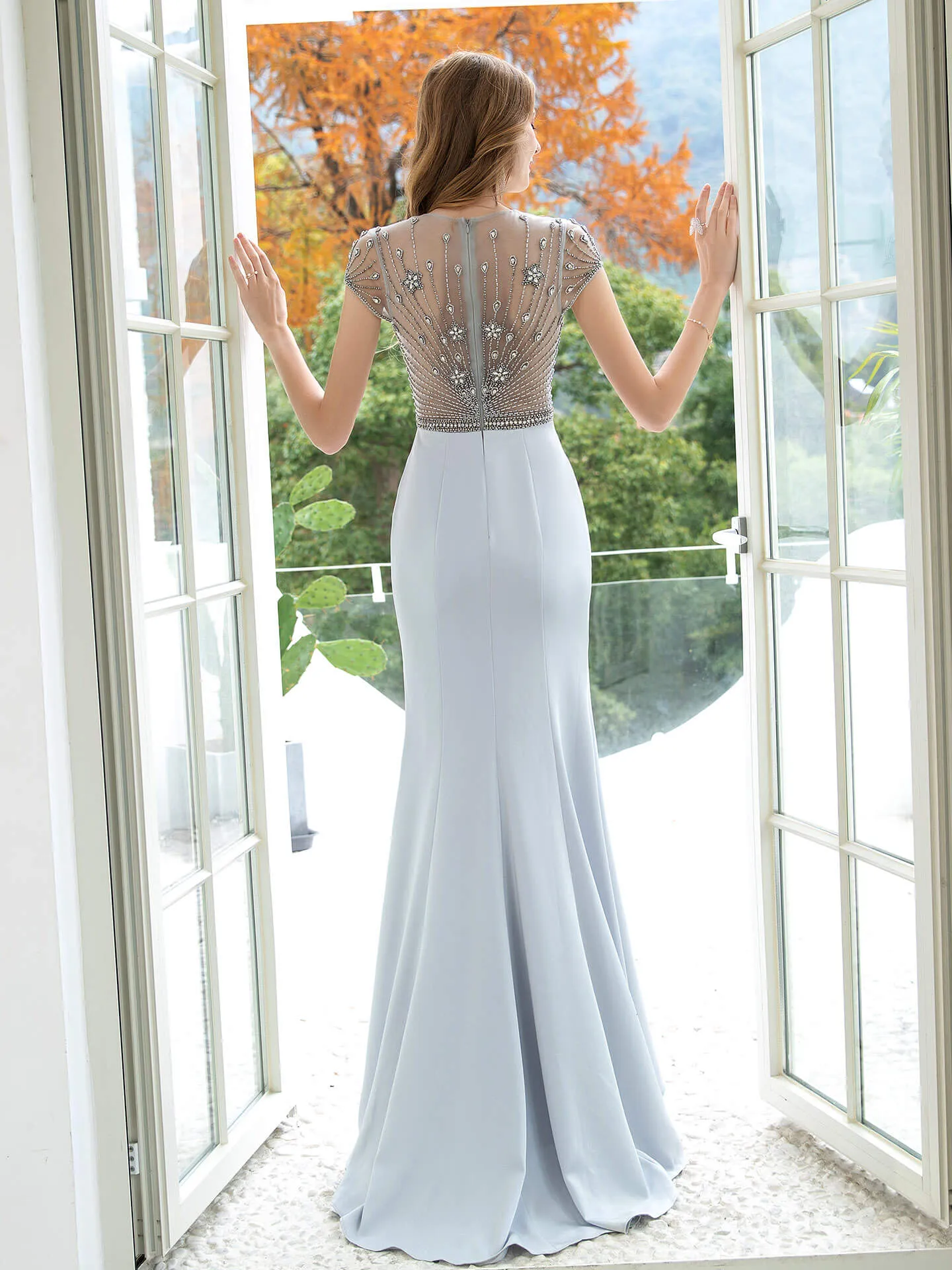 Roycebridal Mermaid / Trumpet Max Chiffon Luxurious Sexy Formal Evening Dresses Cap Sleeves Floor Length