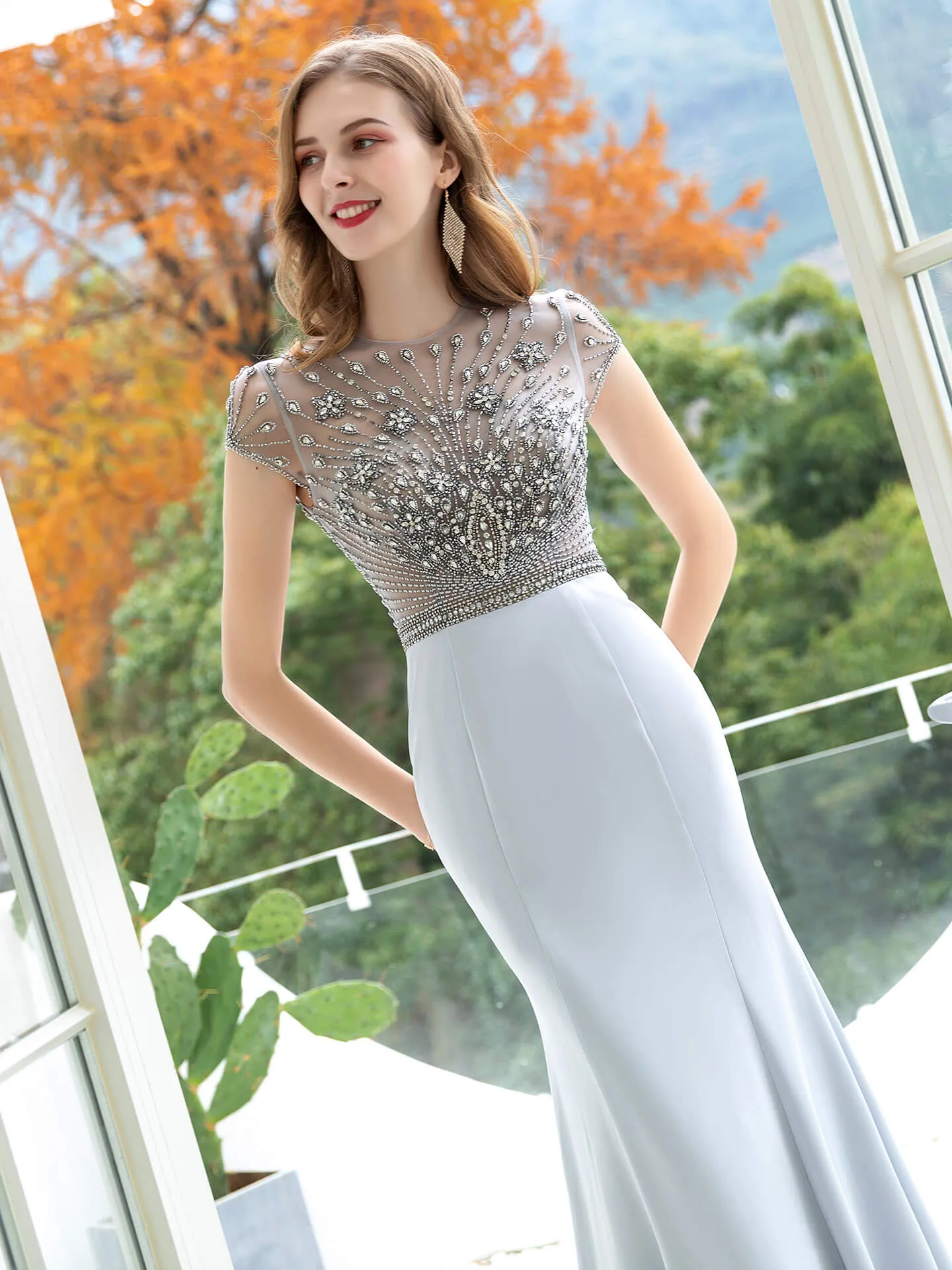 Roycebridal Mermaid / Trumpet Max Chiffon Luxurious Sexy Formal Evening Dresses Cap Sleeves Floor Length
