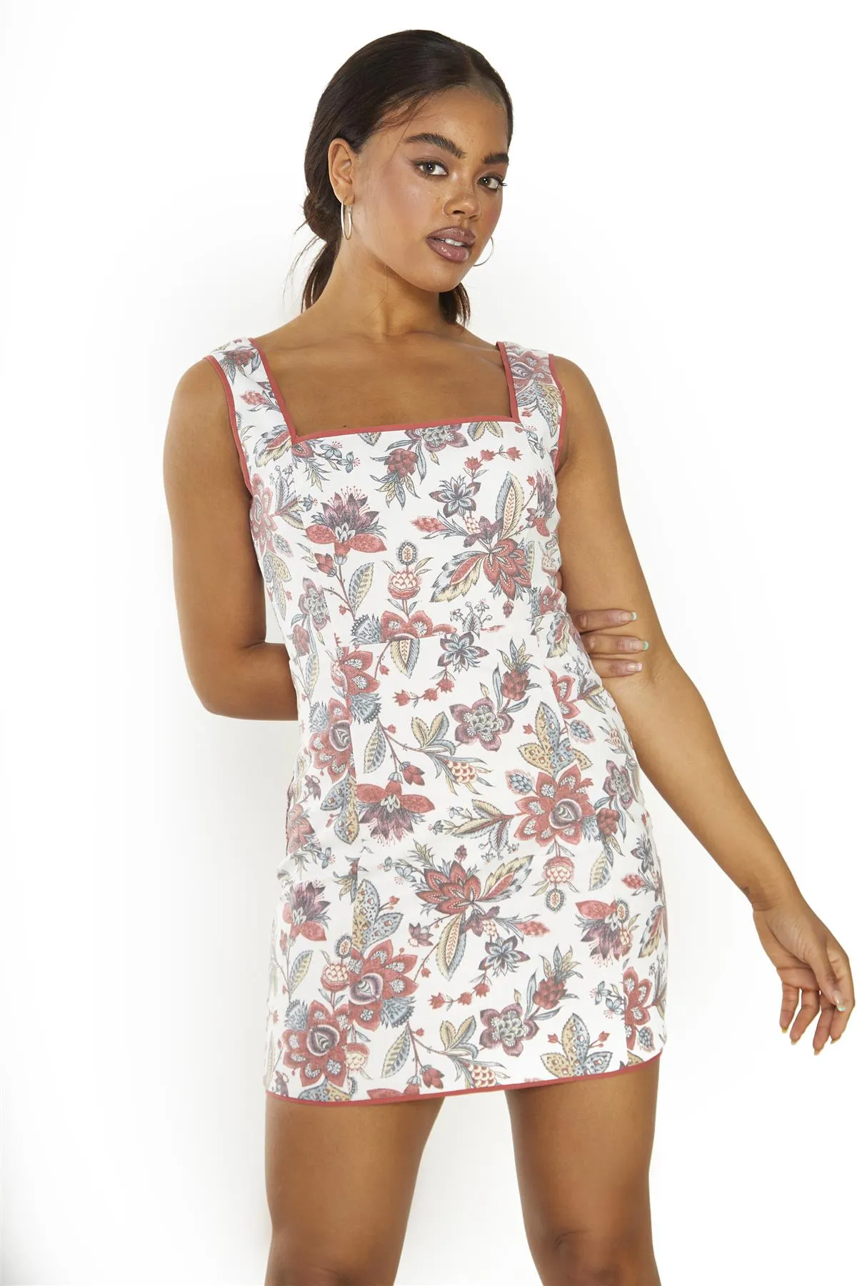 Rustic Floral Rib Square Neck  Mini-Dress