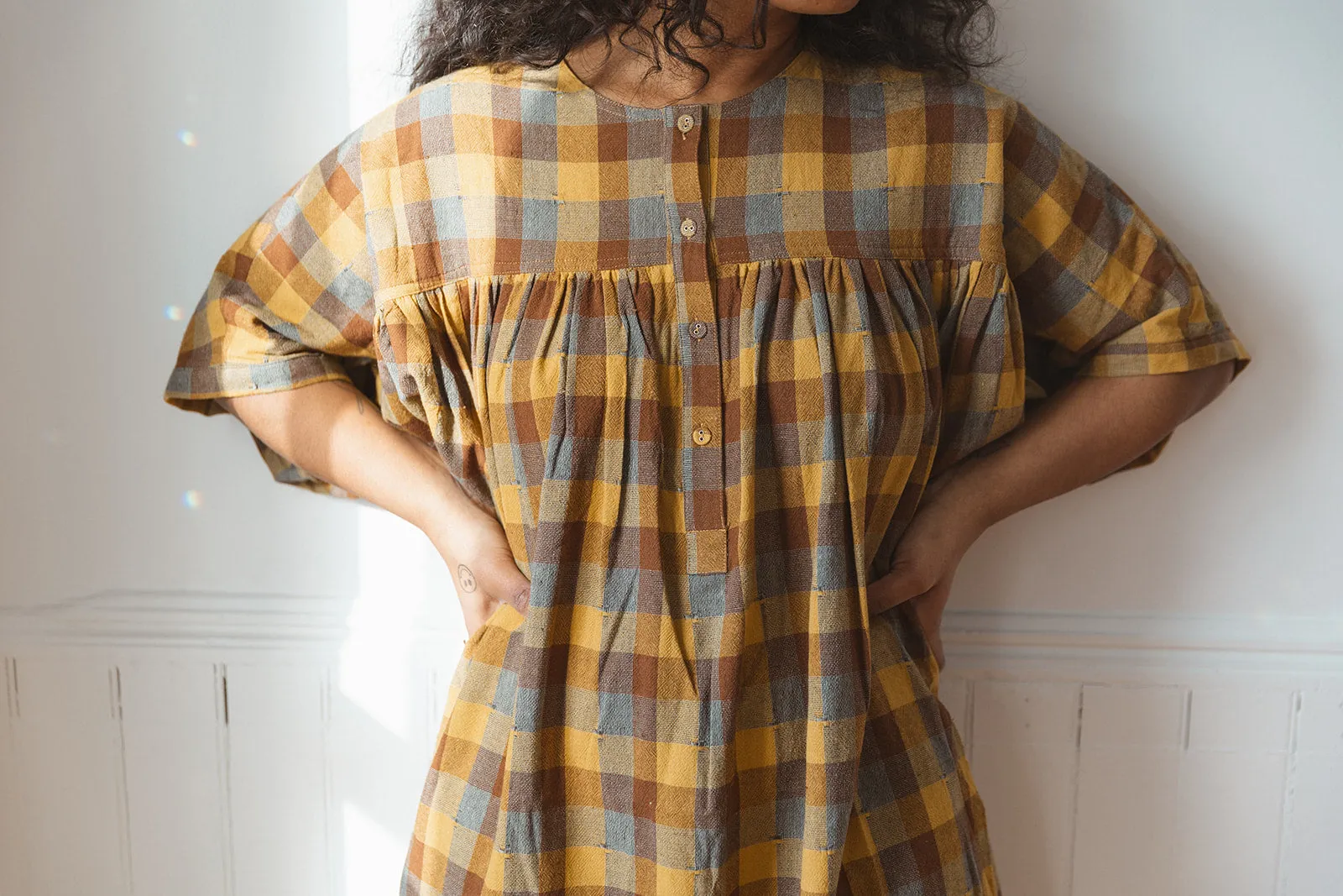 Shirred Sleeve Plaid Dress