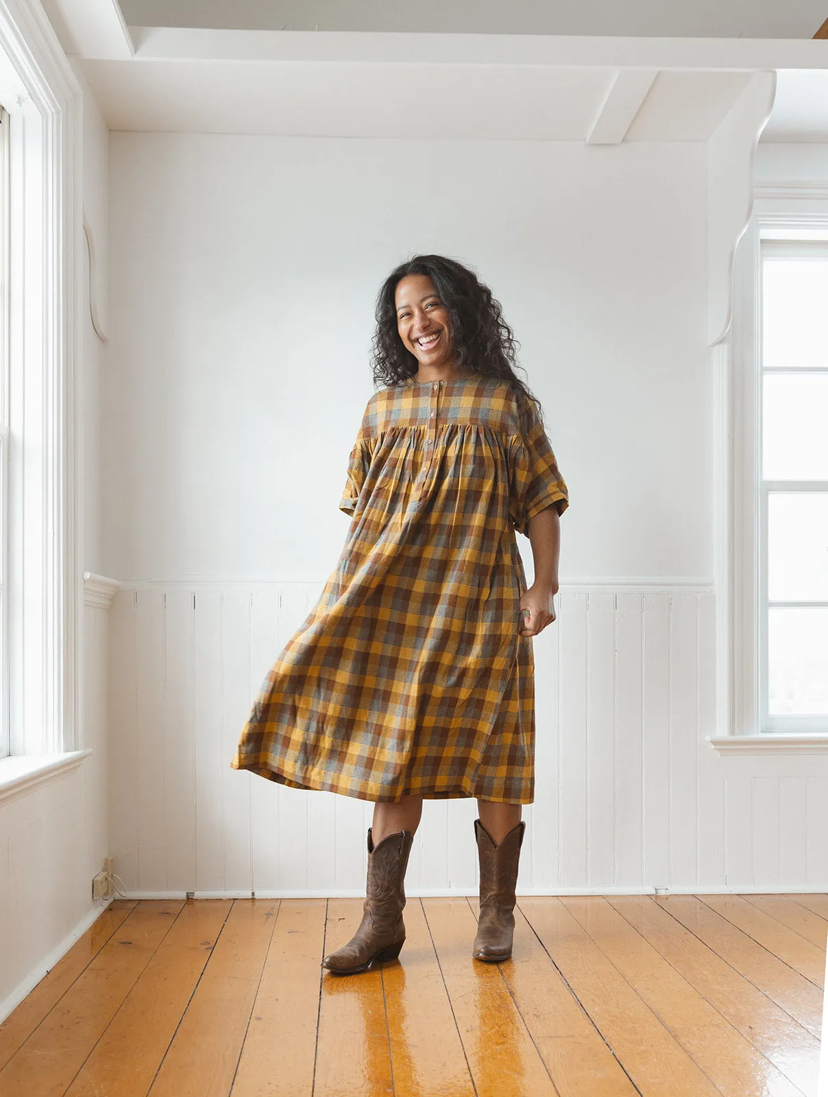 Shirred Sleeve Plaid Dress