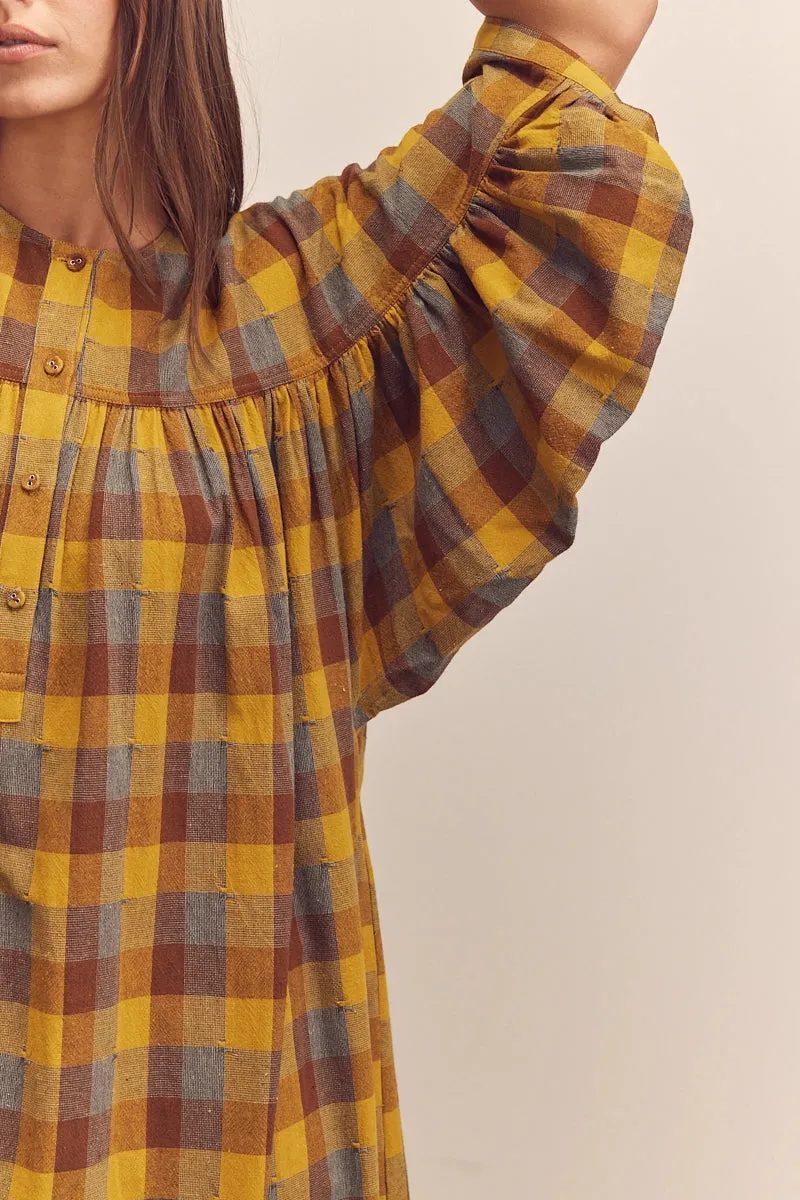 Shirred Sleeve Plaid Dress